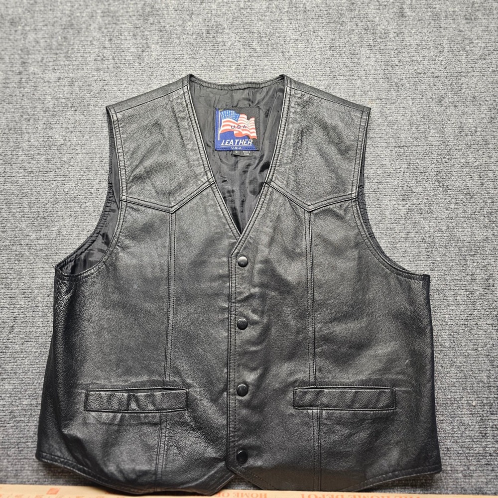 USA Leather Mens Black Biker Vest Snap Button Western Yoke Motorcycle Size M